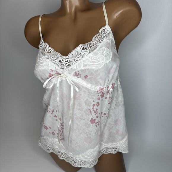 Lindex Lace Trim Floral Camisole White Pink Bow Coquette Ballet Cottage S/M - Picture 11 of 11